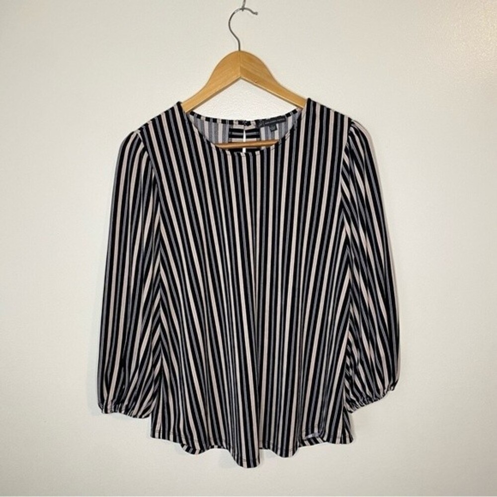 Adrianna Papell Striped Balloon Sleeve High Scoop Neck Business Work Wear Top L